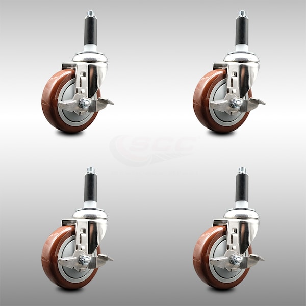 Service Caster 4 Inch 316SS Maroon Poly Swivel 3/4 Inch Expanding Stem Caster Set Brake SCC SCC-SS316EX20S414-PPUB-MRN-TLB-34-4 - main